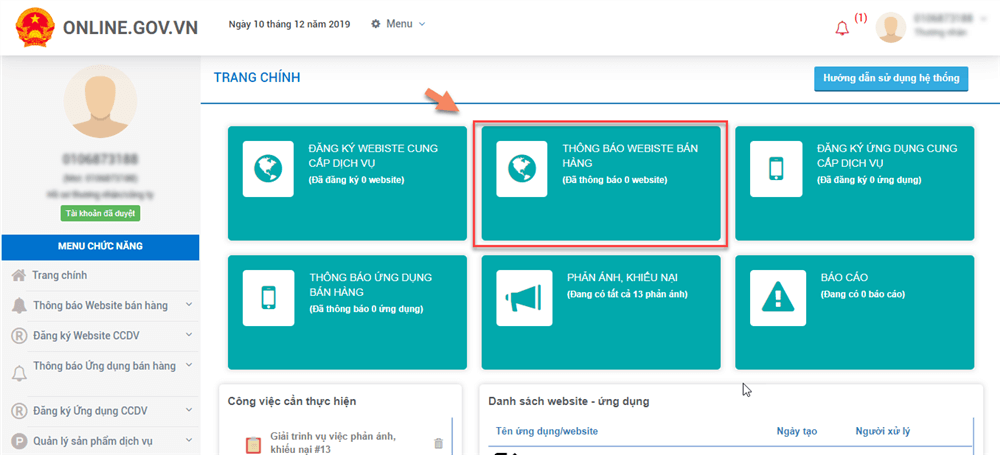 Thông báo website với bộ công thương